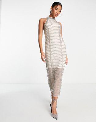Asos Design All Over Diamante Embellished Mesh Midi Dress In Silver