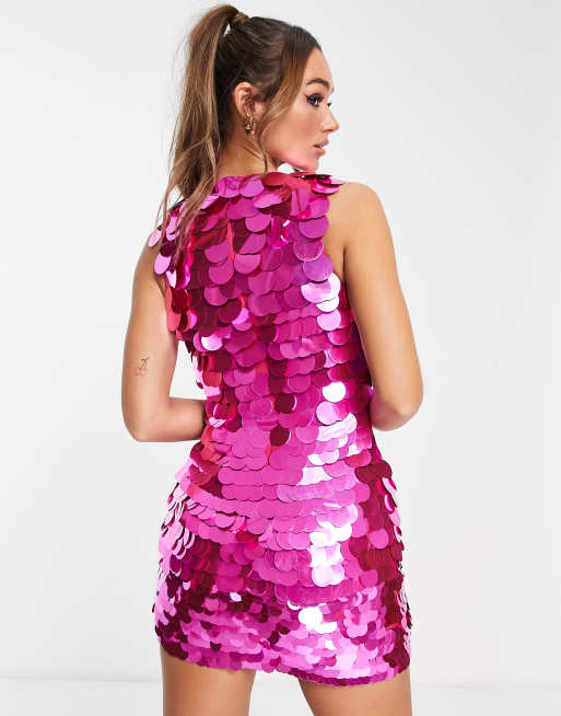 ASOS DESIGN all-over disc embellished mini shift dress in hot pink