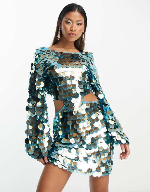 ASOS Design All Over Disc Sequin Mini Dress with Multi Layered Detail in Blue