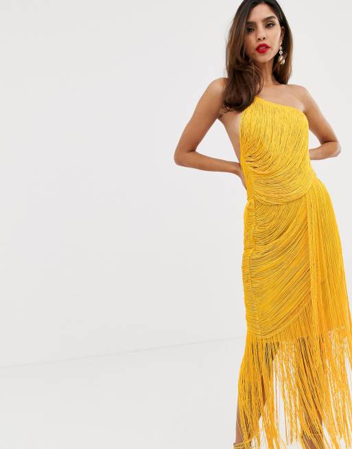 ASOS DESIGN all over drape fringe one shoulder maxi dress