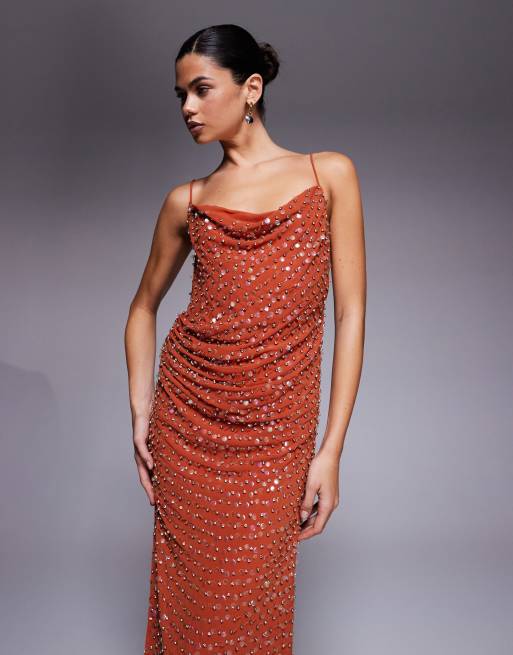 ASOS DESIGN all over embellished cowl neck drape midaxi dress with chain strap detail in rust, 4 of 4