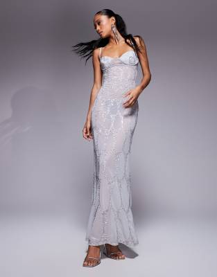 Asos Design All Over Embellished Cupped Maxi Dress With Asymmetric Straps In Silver