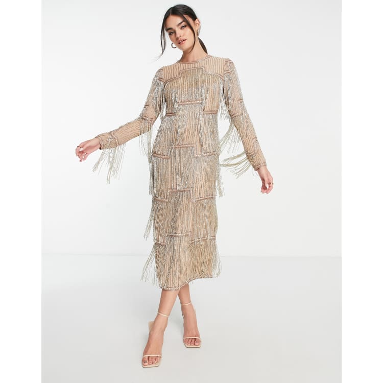 asos design all over embellished maxi dress with flared sleeves ASOS DESIGN embellished maxi dress with flare skirt and balloon sleeve in  sage green