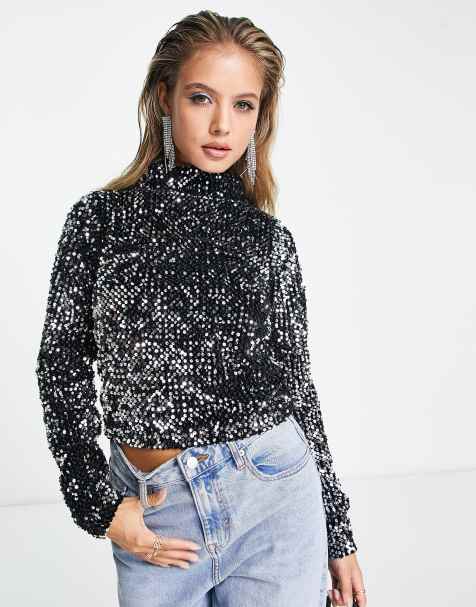 Black & Silver-toned Embellished Sequined Crop Top at Rs 299.00, Sequin  Tops