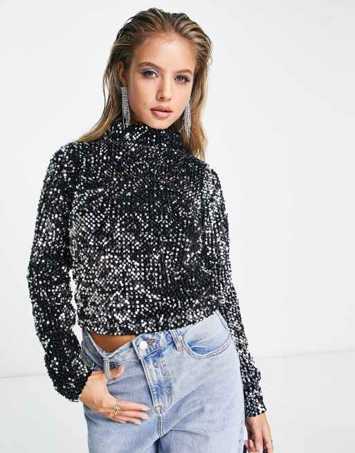 ASOS DESIGN all over embellished sequin polo neck long sleeve top in black and silver