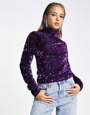 ASOS DESIGN all over embellished sequin polo neck long sleeve top in purple