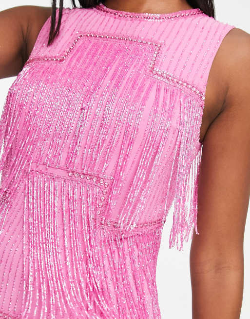 ASOS DESIGN all over embellished sleeveless midi dress with paneled beaded fringe in pink