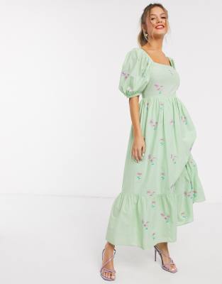 green embroidered dress