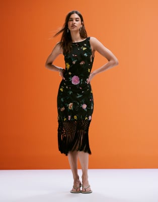 Asos Design All Over Embroidered Cowl Back Mini Dress With Fringed Hem