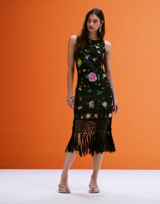 ASOS DESIGN ALL OVER EMBROIDERED COWL BACK MINI DRESS WITH FRINGED HEM 