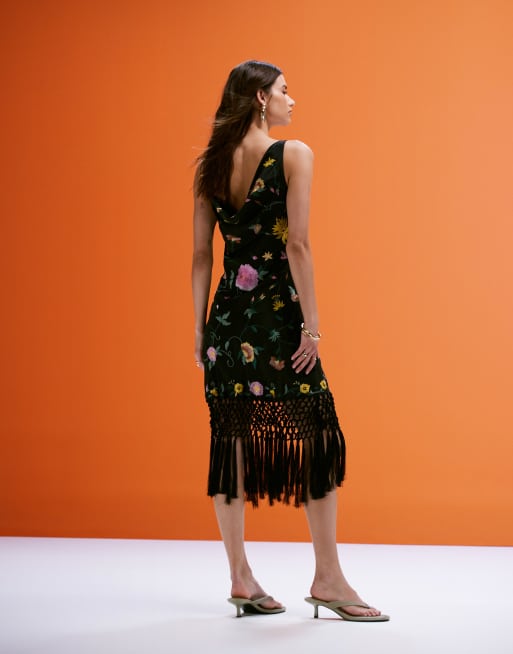 ASOS DESIGN all over embroidered cowl back mini dress with fringed hem in black, 3 of 4