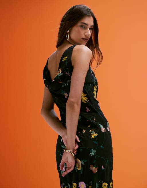 ASOS DESIGN all over embroidered cowl back mini dress with fringed hem in black