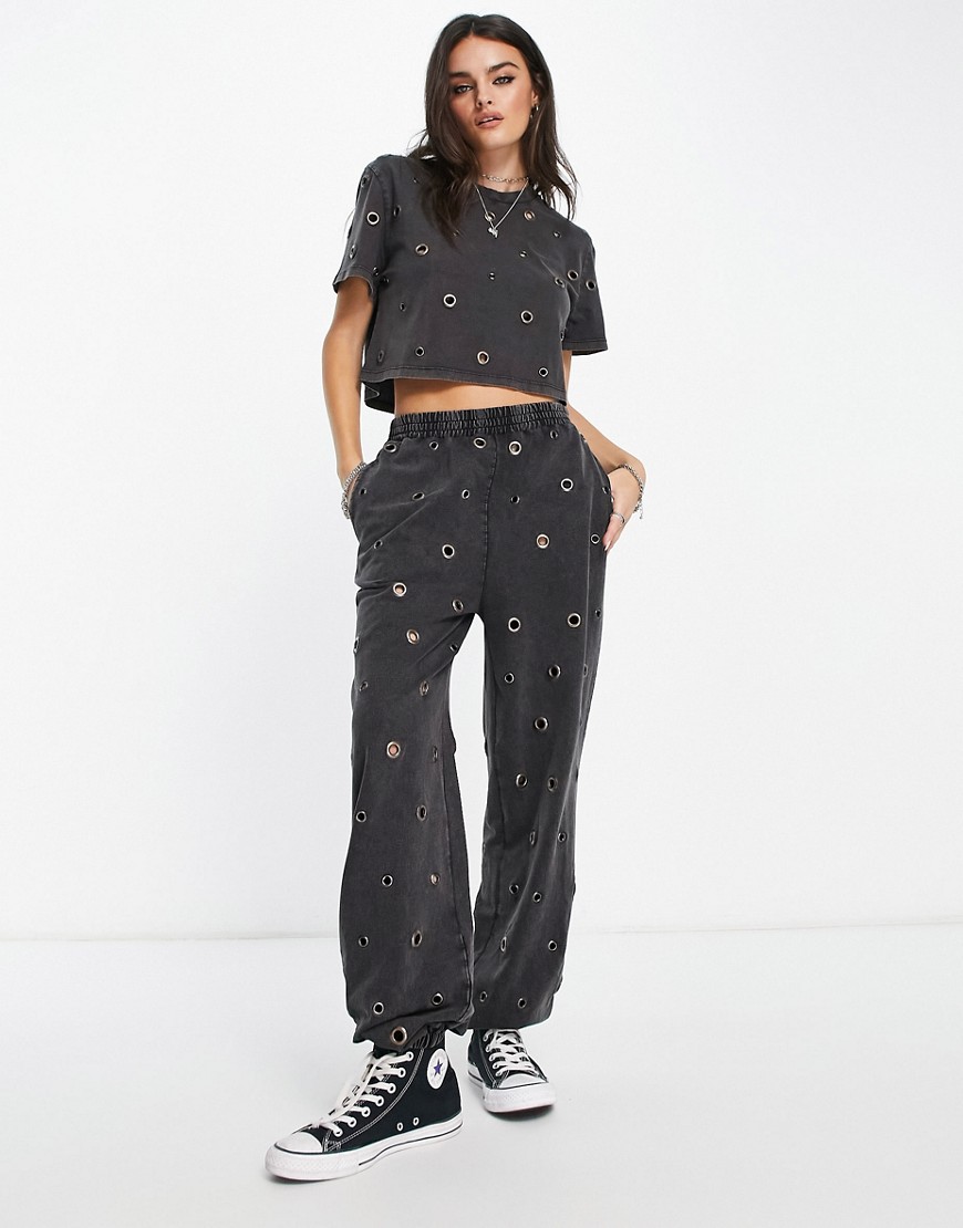 ASOS DESIGN all over eyelet sweatpants in washed charcoal - part of a set-Gray