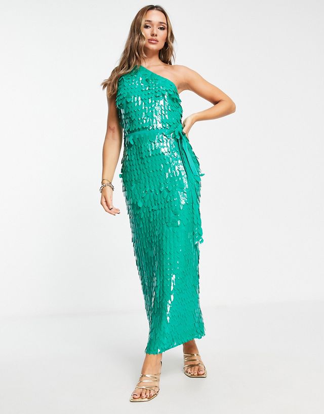 ASOS DESIGN all over feather embellished maxi dress in green