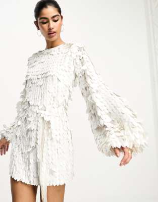 Asos Design All Over Feather Sequin Embellished Long Sleeved Mini Dress In White