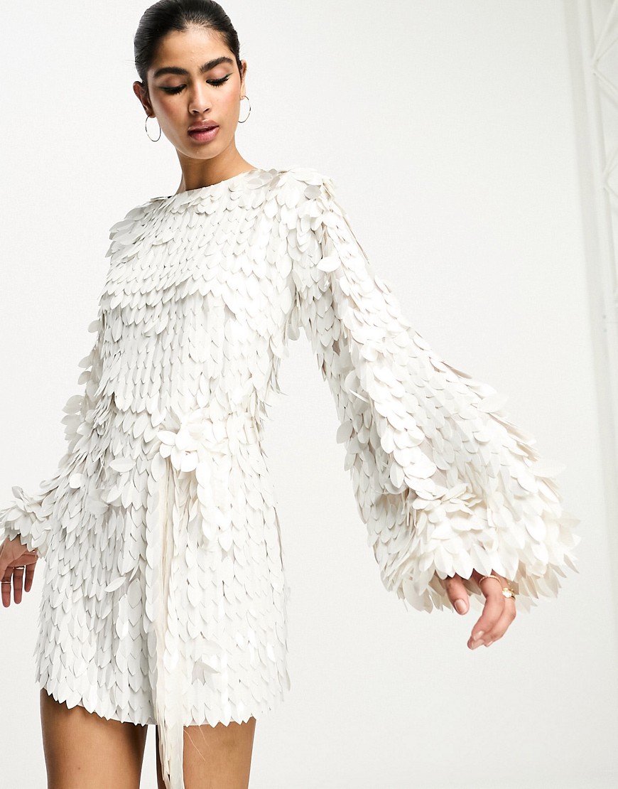 ASOS DESIGN all over feather sequin embellished long sleeved mini dress in white