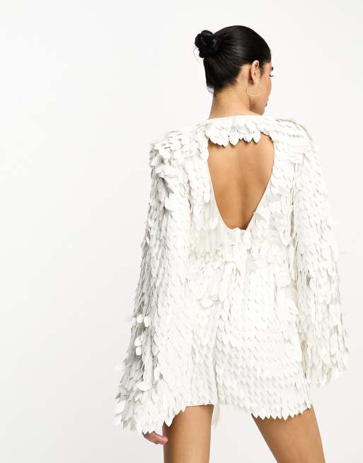 ASOS LUXE all over faux feather mini dress with embellishment and oversized  bow in white