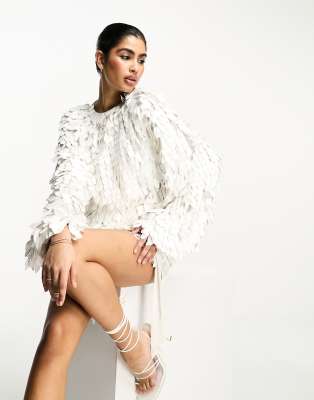 ASOS DESIGN all over feather sequin embellished long sleeved mini dress in  white | ASOS