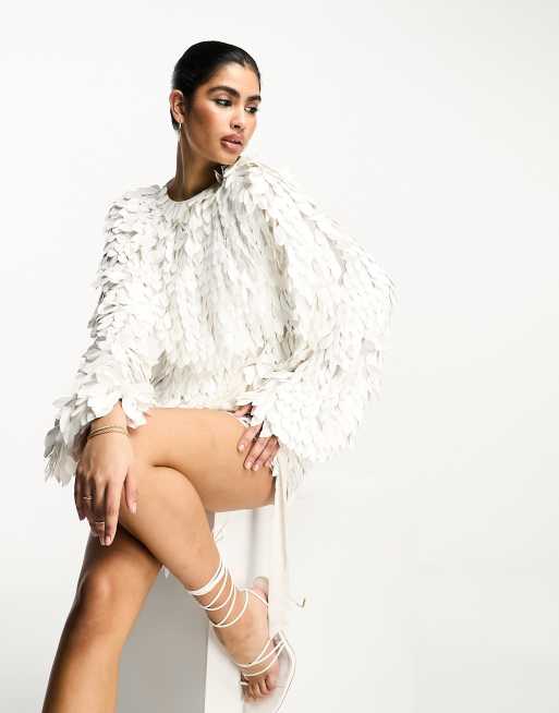 ASOS DESIGN all over feather sequin embellished long sleeved mini dress in white