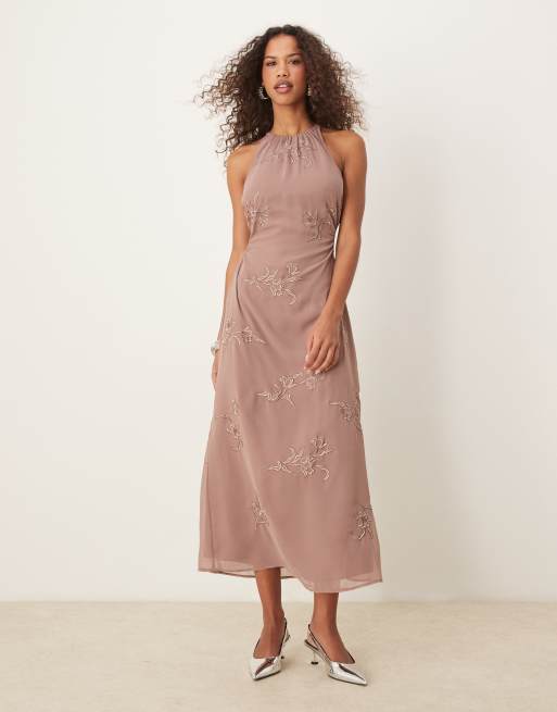 ASOS DESIGN all over floral embroidered halter maxi dress with open back in mink
