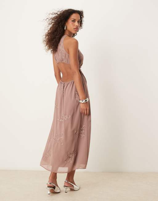ASOS DESIGN all over floral embroidered halter maxi dress with open back in mink