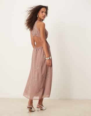 asos design all over floral embroidered halter maxi dress with open back in mink