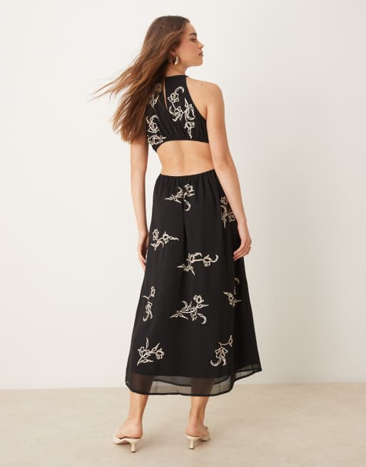 ASOS DESIGN all over floral embroidered halter midi dress with open back in black, 2 of 4