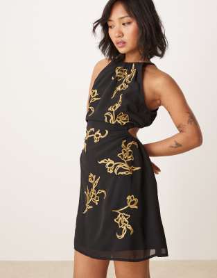 ASOS DESIGN all-over floral embroidered halter midi dress with open back in black-Multi