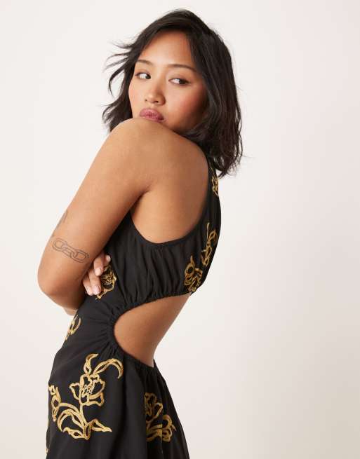 ASOS Design All-Over Floral Embroidered Halter Midi Dress with Open Back in Black-Multi