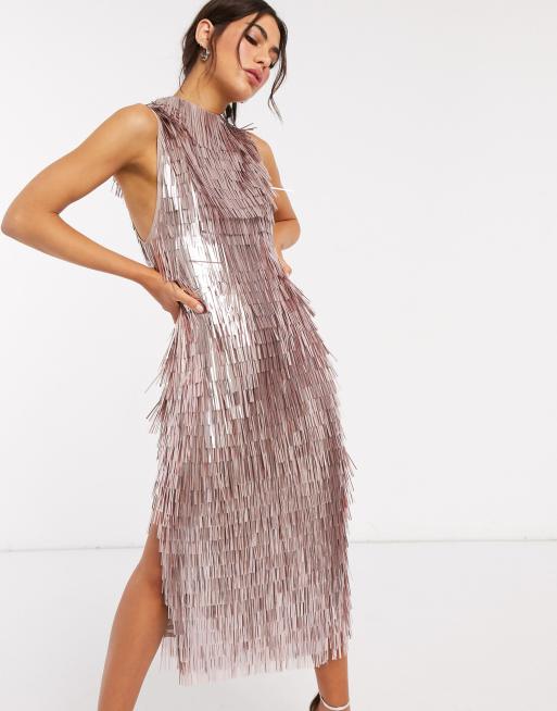 ASOS Design Beaded Fringe Cocktail Dress in Pink