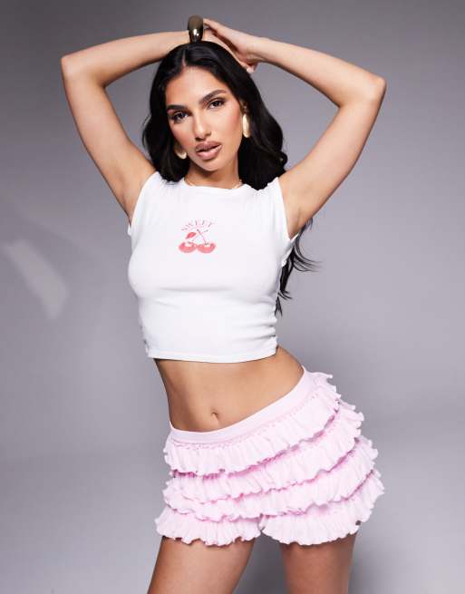 ASOS DESIGN all over ruffle shorts in light pink, 4 of 5