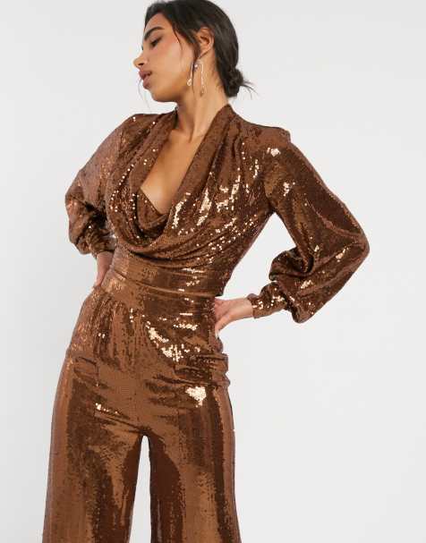 ASOS DESIGN all over sequin cowl neck long sleeve top co-ord