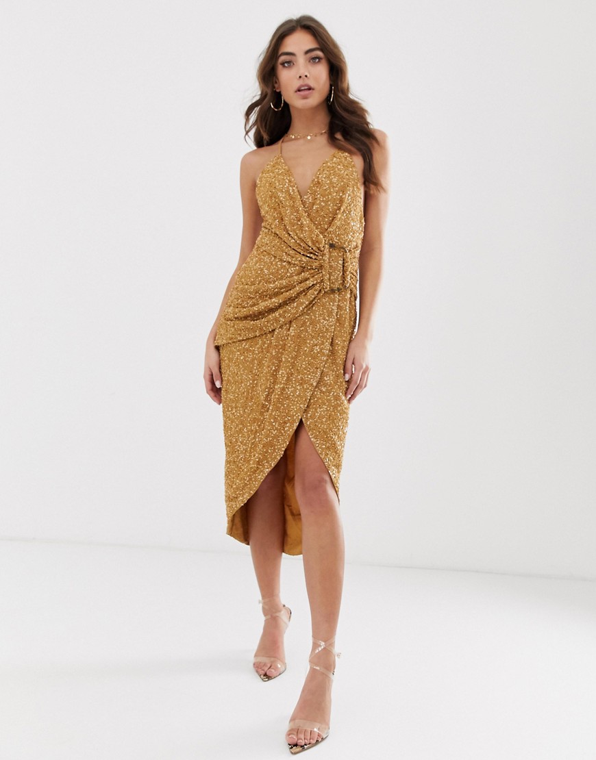 ASOS DESIGN all over sequin drape midi dress with horn buckle-Brown