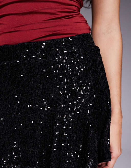ASOS DESIGN all-over sequin godet flippy mini skirt in black, 4 of 5