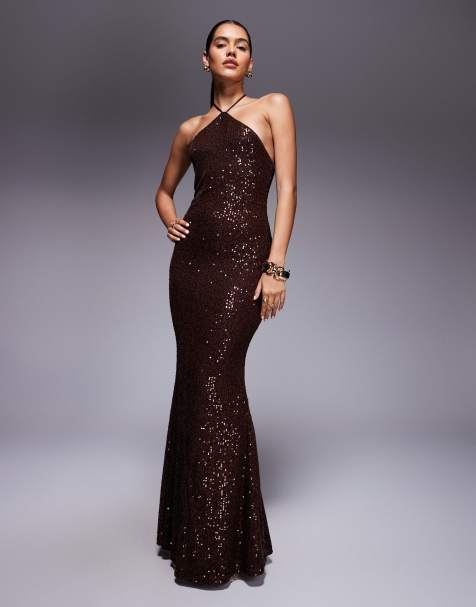 ASOS DESIGN all over sequin halter maxi dress in chocolate brown - view 1