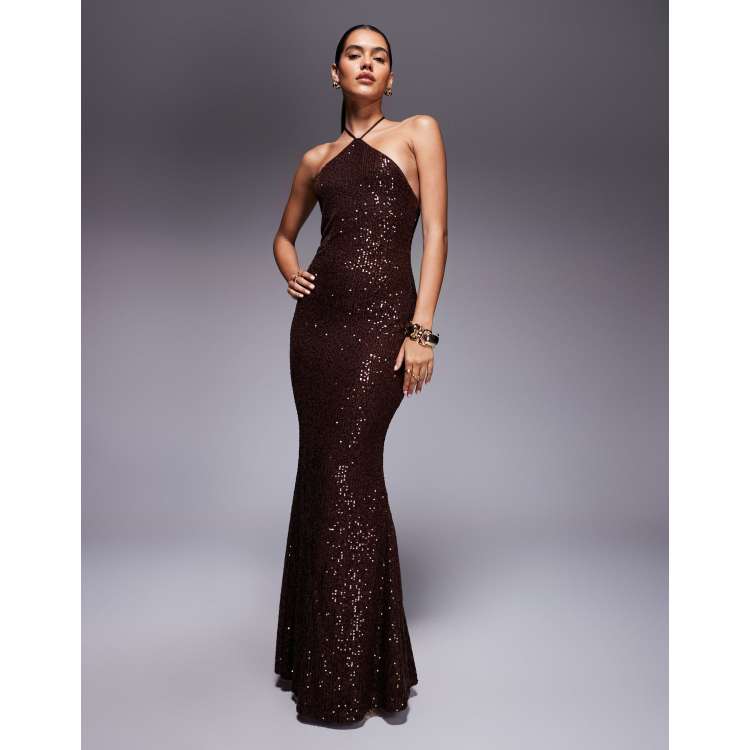 ASOS Design all over sequin halter maxi dress in chocolate brown