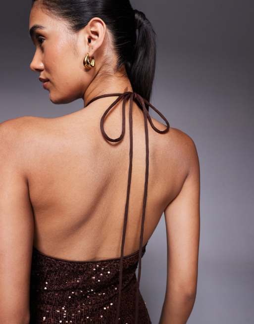ASOS DESIGN all over sequin halter maxi dress in chocolate brown