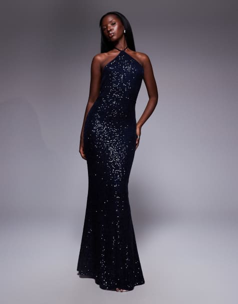 ASOS DESIGN all over sequin halter maxi dress in navy