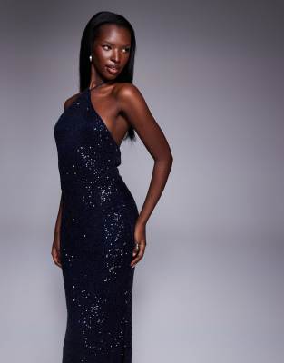 chinese dress ladies Rent ASOS DESIGN Allover Sequin Corset Bandeau Maxi Dress With Split Detail  In Petrol Blue