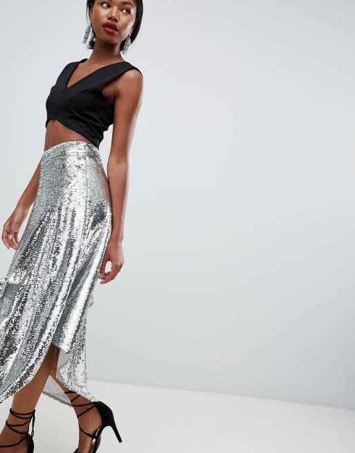 Silver sequin 2025 frill midi skirt