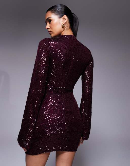 ASOS DESIGN all over sequin long sleeve cowl drape detail mini dress in burgundy