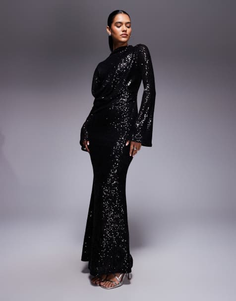 ASOS DESIGN all over sequin long sleeve wrap front detail maxi dress in black - view 1