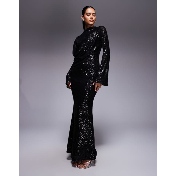 asos sequin dress maxi ASOS DESIGN iridescent sequin high neck maxi dress with open back in bronze
