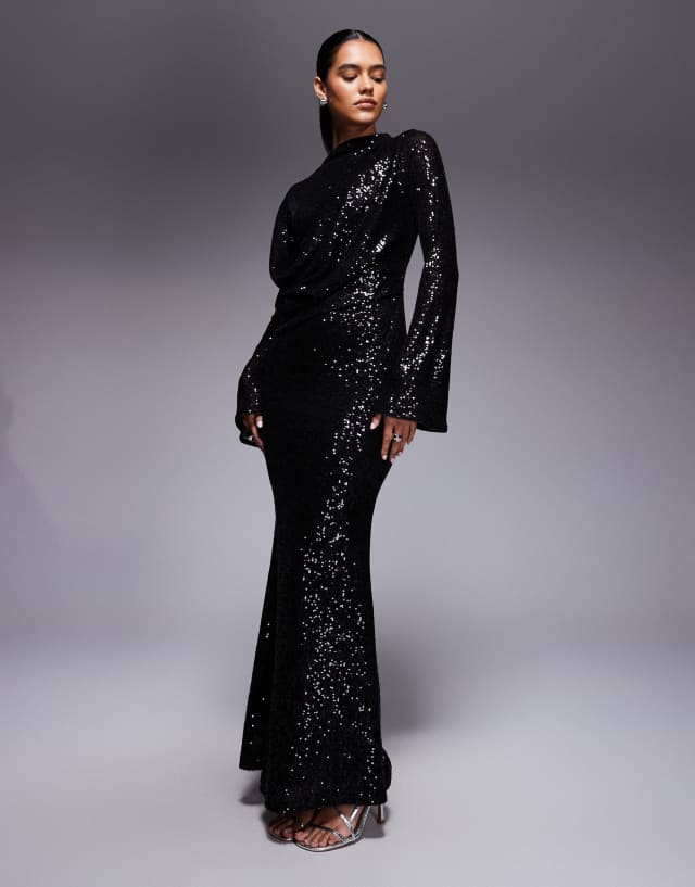 ASOS DESIGN all-over sequin long sleeve wrap front detail maxi dress in  black | ASOS