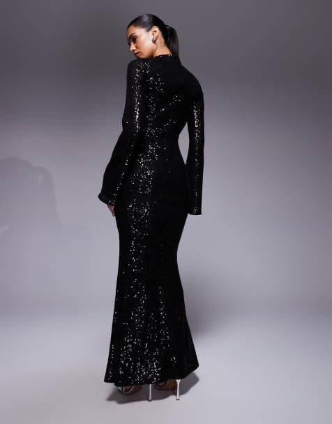 formal sweater dress women Exquisite See-Through Lantern Long Sleeve Midi Length Sequin Tulle Wed main image 0
