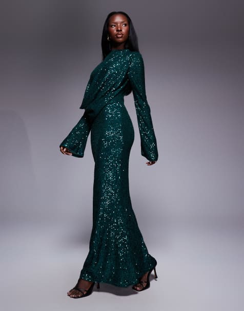 ASOS DESIGN all over sequin long sleeve wrap front detail maxi dress in emerald green - view 1