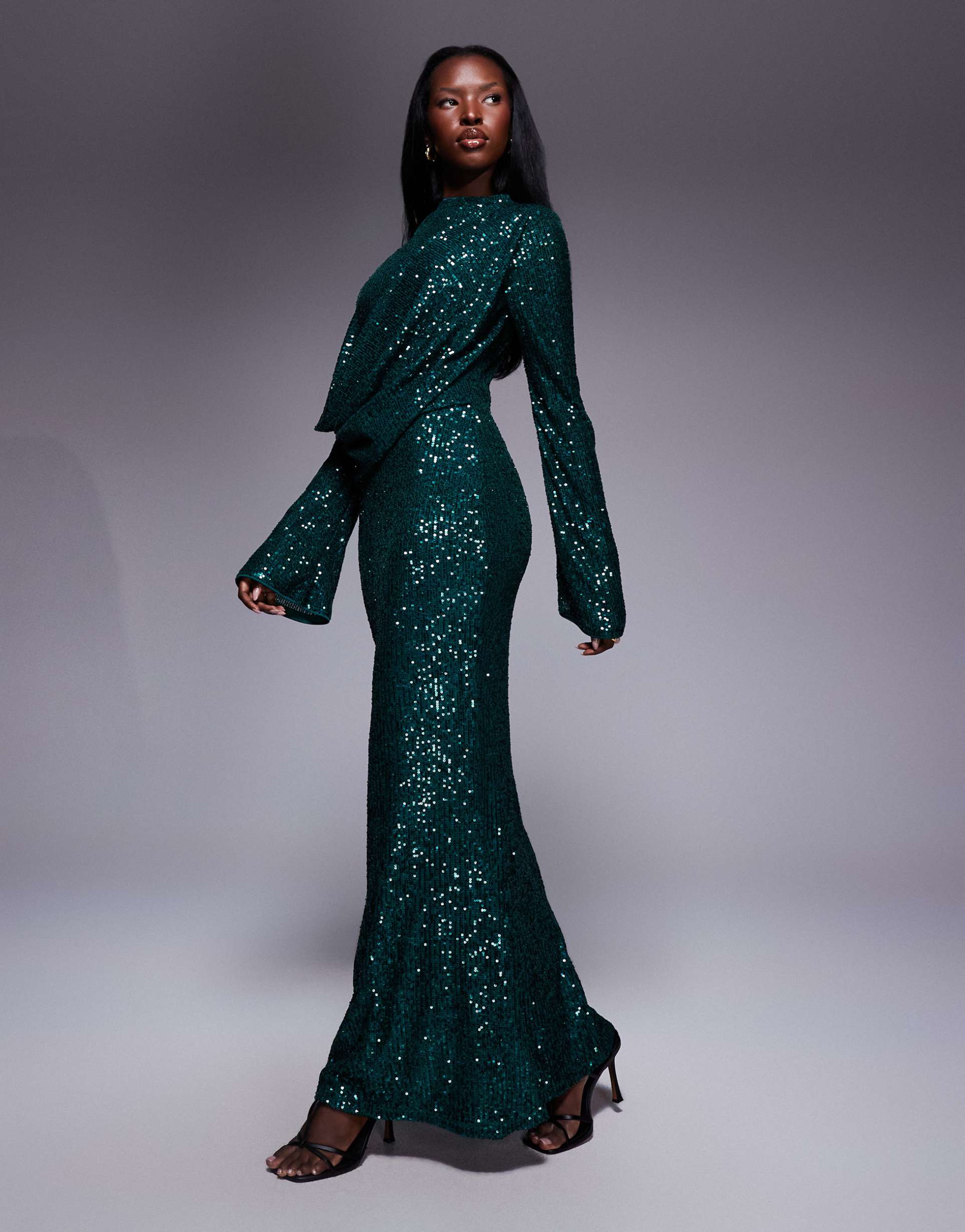 asos design all over sequin long sleeve wrap front detail maxi dress in emerald green