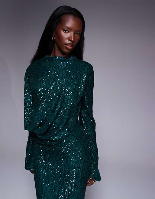 long sleeve sequin dress green Formal with Long Sleeves PromGirl thigh hemline ASOS Design - Long Sleeve