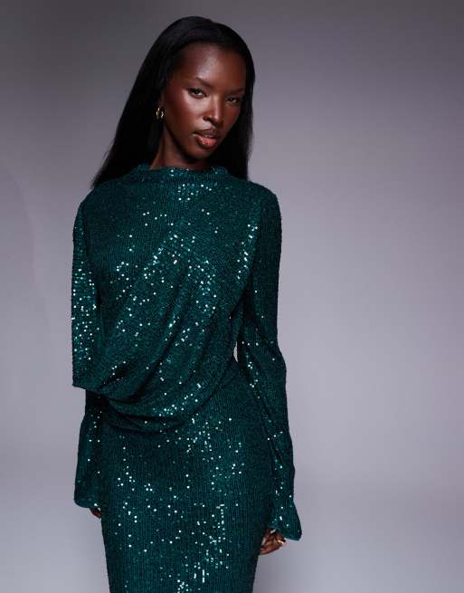 ASOS DESIGN all over sequin long sleeve wrap front detail maxi dress in emerald green