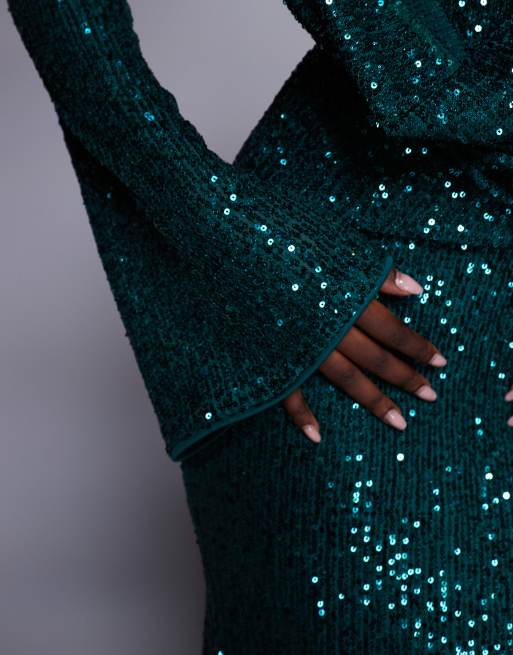 ASOS DESIGN all over sequin long sleeve wrap front detail maxi dress in emerald green